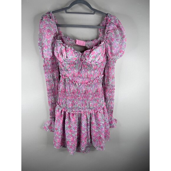 NWT For Love & Lemons Oakley Smocked Floral Mini Dress Size M Pink Purple Green - Picture 4 of 6